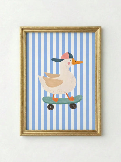 1pc Canvas Wall Art, Framed Toddler Room Decor, Skateboard Duck Wall Art, Cool Animal Poster, Perfect For Kids Room Decor, Blue Hat, Funny Duck Illustration, Suitable For Boys And Girls, Bohemian Styl