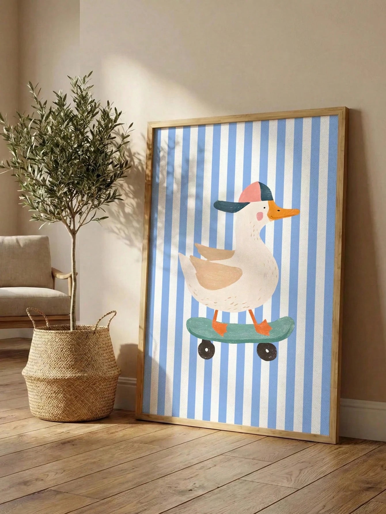 1pc Canvas Wall Art, Framed Toddler Room Decor, Skateboard Duck Wall Art, Cool Animal Poster, Perfect For Kids Room Decor, Blue Hat, Funny Duck Illustration, Suitable For Boys And Girls, Bohemian Styl