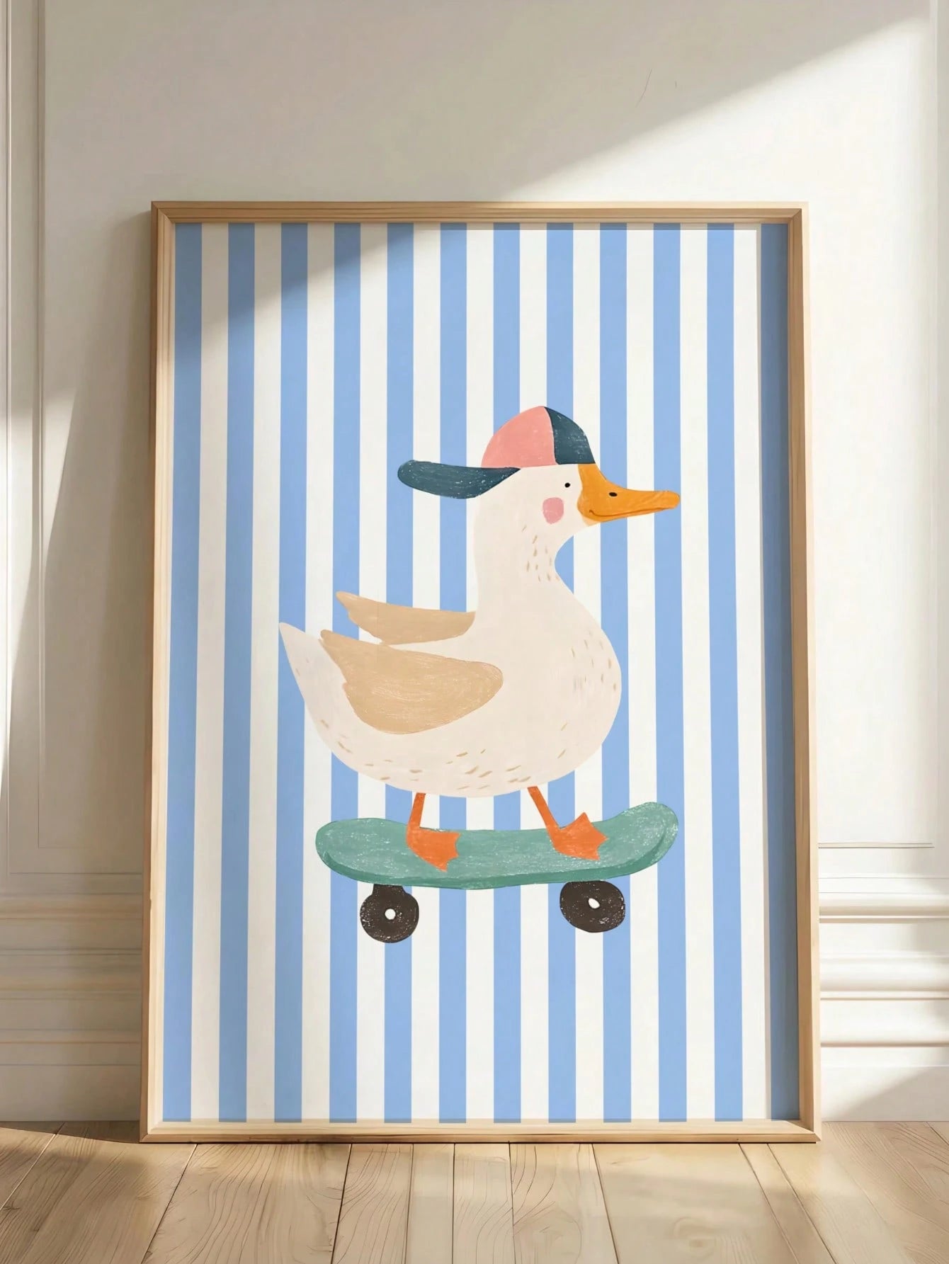 1pc Canvas Wall Art, Framed Toddler Room Decor, Skateboard Duck Wall Art, Cool Animal Poster, Perfect For Kids Room Decor, Blue Hat, Funny Duck Illustration, Suitable For Boys And Girls, Bohemian Styl