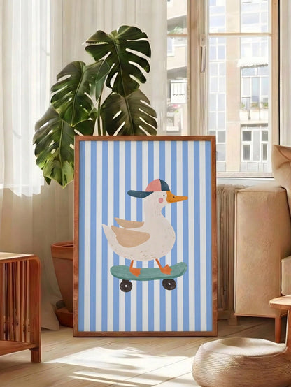 1pc Canvas Wall Art, Framed Toddler Room Decor, Skateboard Duck Wall Art, Cool Animal Poster, Perfect For Kids Room Decor, Blue Hat, Funny Duck Illustration, Suitable For Boys And Girls, Bohemian Styl
