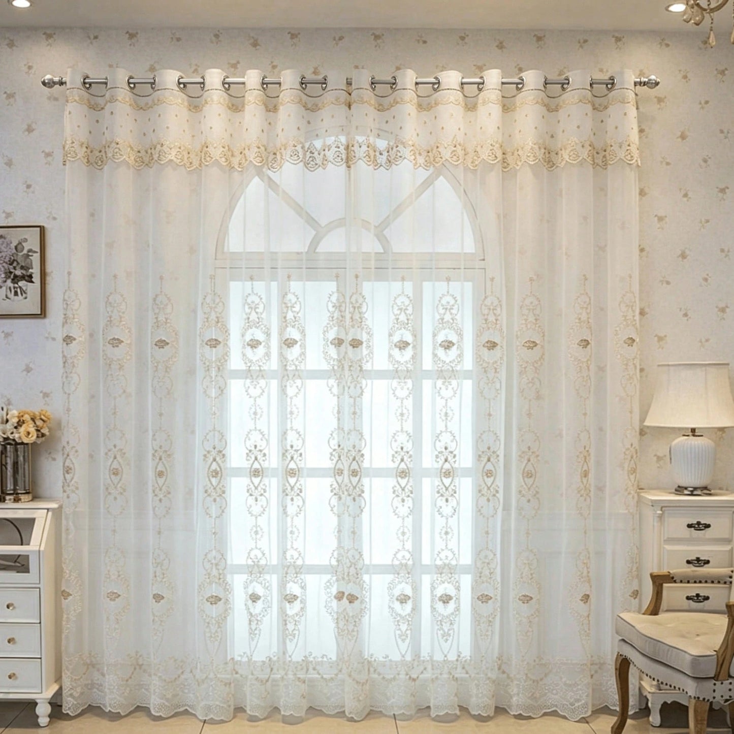 1PC Children's Room 3D European Style Floral Lace Sheer Curtain, Grommet Top With Lace Trim, All-Season Universal Window Curtain, American Princess Room Balcony Soft Light-Blocking Translucent Sheer