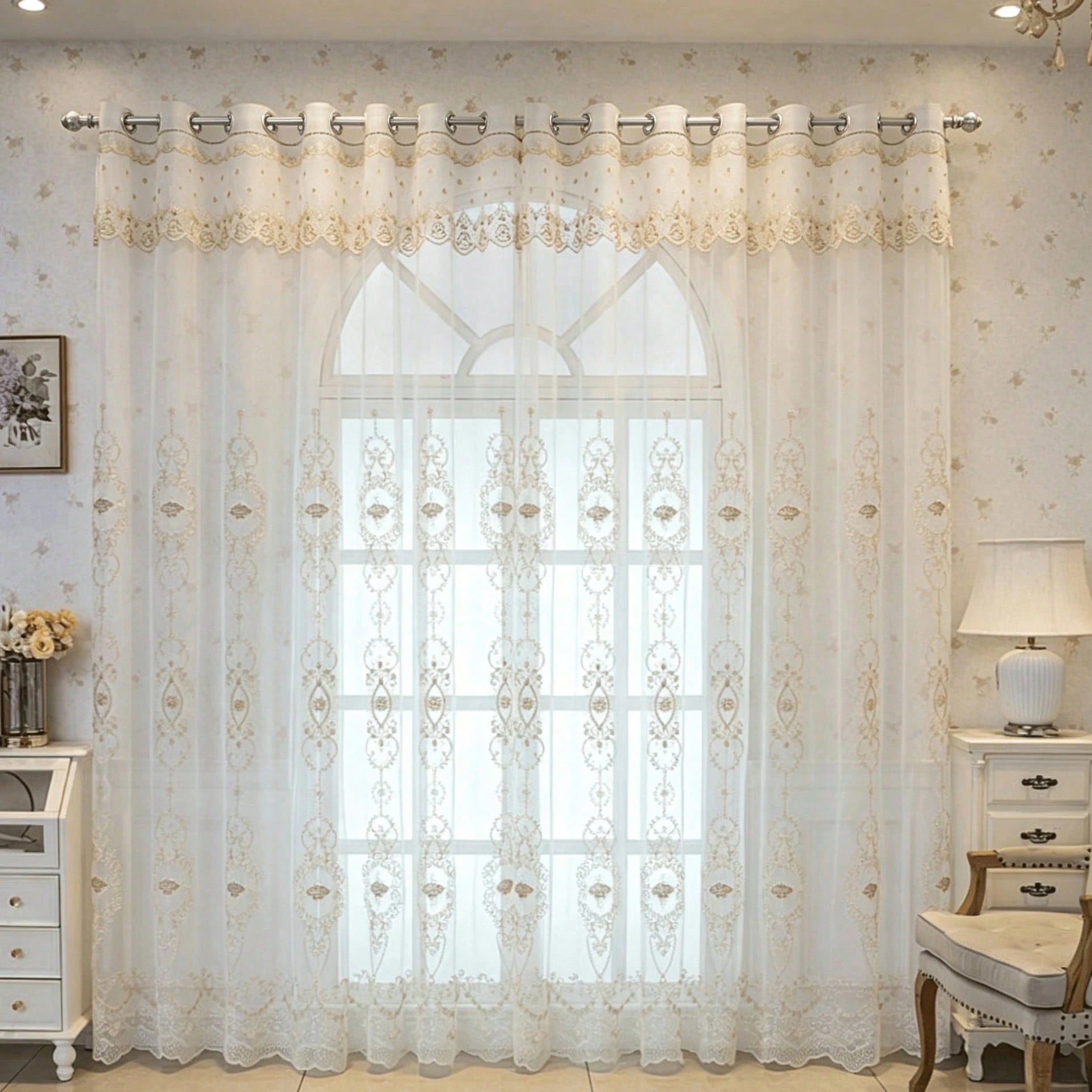 1PC Children's Room 3D European Style Floral Lace Sheer Curtain, Grommet Top With Lace Trim, All-Season Universal Window Curtain, American Princess Room Balcony Soft Light-Blocking Translucent Sheer