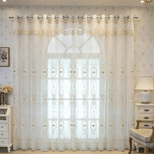 1PC Children's Room 3D European Style Floral Lace Sheer Curtain, Grommet Top With Lace Trim, All-Season Universal Window Curtain, American Princess Room Balcony Soft Light-Blocking Translucent Sheer