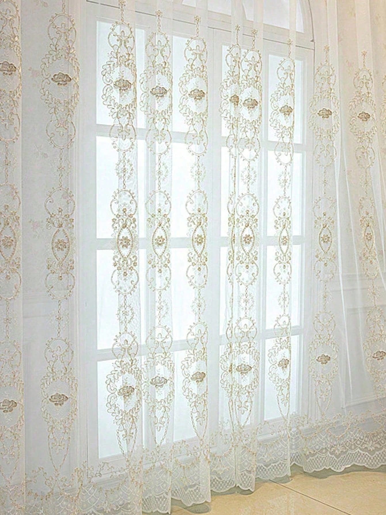 1PC Children's Room 3D European Style Floral Lace Sheer Curtain, Grommet Top With Lace Trim, All-Season Universal Window Curtain, American Princess Room Balcony Soft Light-Blocking Translucent Sheer