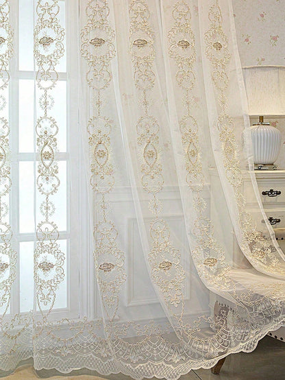 1PC Children's Room 3D European Style Floral Lace Sheer Curtain, Grommet Top With Lace Trim, All-Season Universal Window Curtain, American Princess Room Balcony Soft Light-Blocking Translucent Sheer