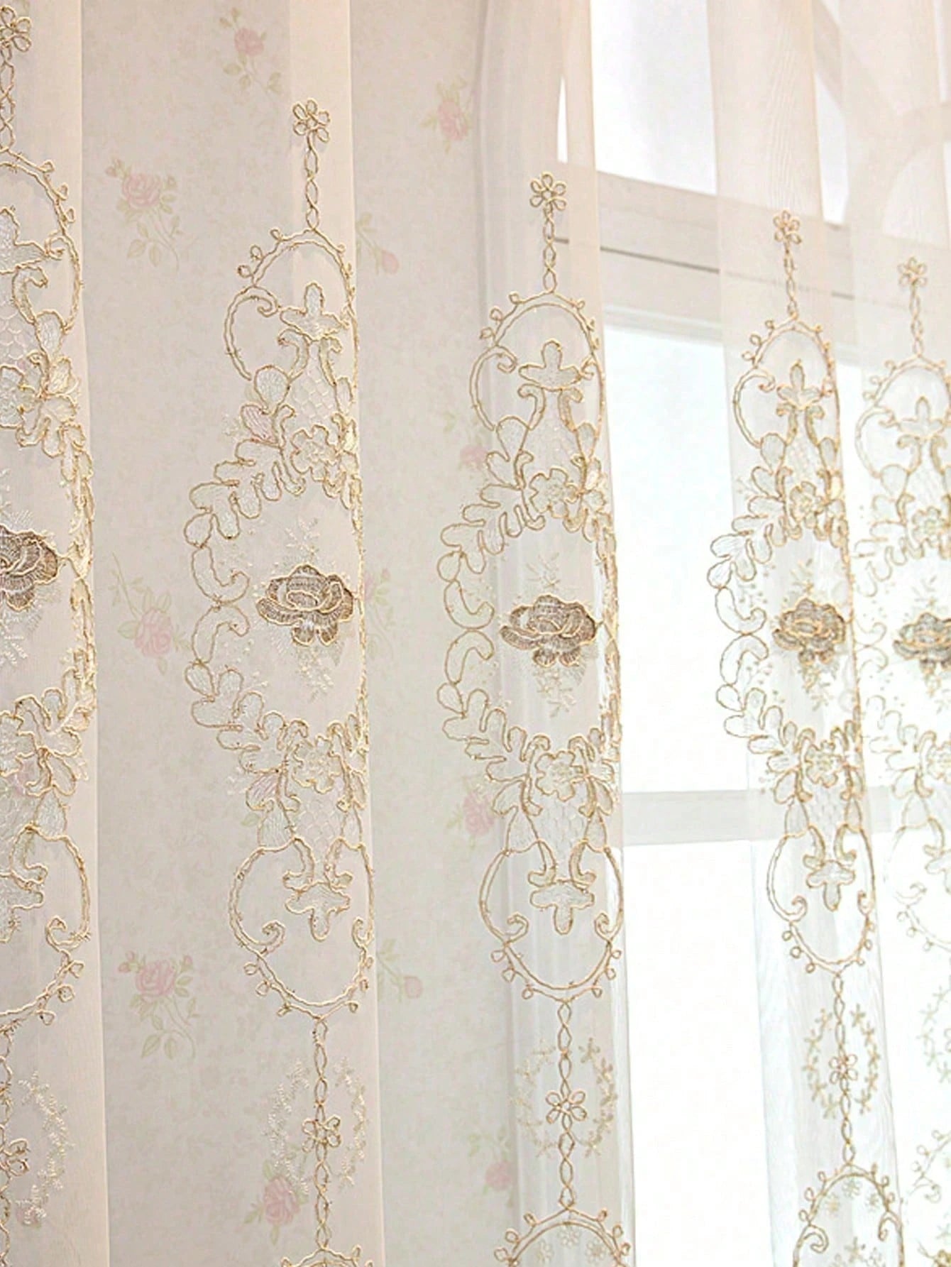1PC Children's Room 3D European Style Floral Lace Sheer Curtain, Grommet Top With Lace Trim, All-Season Universal Window Curtain, American Princess Room Balcony Soft Light-Blocking Translucent Sheer
