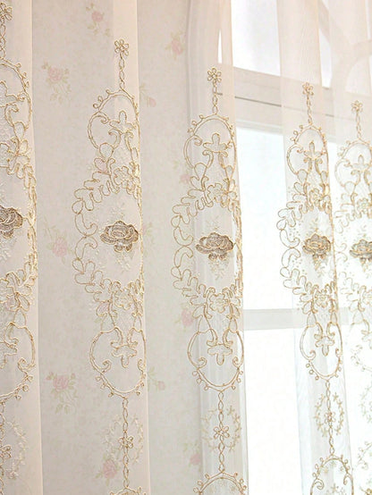 1PC Children's Room 3D European Style Floral Lace Sheer Curtain, Grommet Top With Lace Trim, All-Season Universal Window Curtain, American Princess Room Balcony Soft Light-Blocking Translucent Sheer