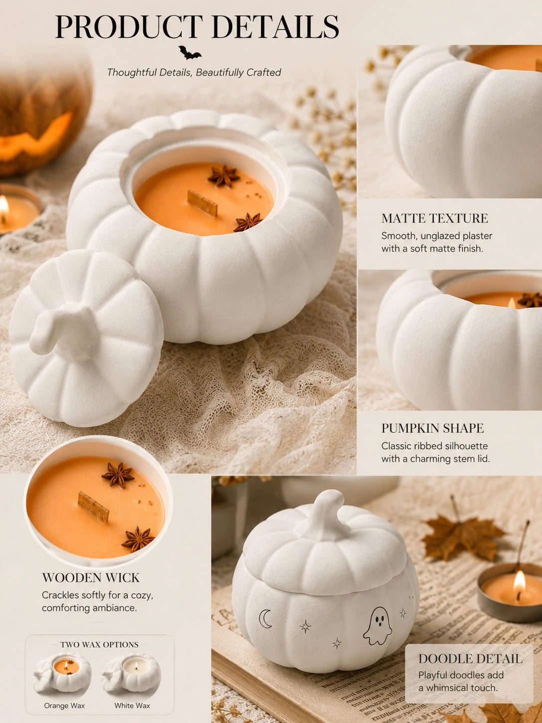 1pc DIY Painting Pumpkin Plaster Cup Scented Candle, Orange Or White Optional, Halloween Decoration Candle, Halloween Party Table Centerpiece, Autumn Home Decor, Party Favor, Halloween Gift, Women's G