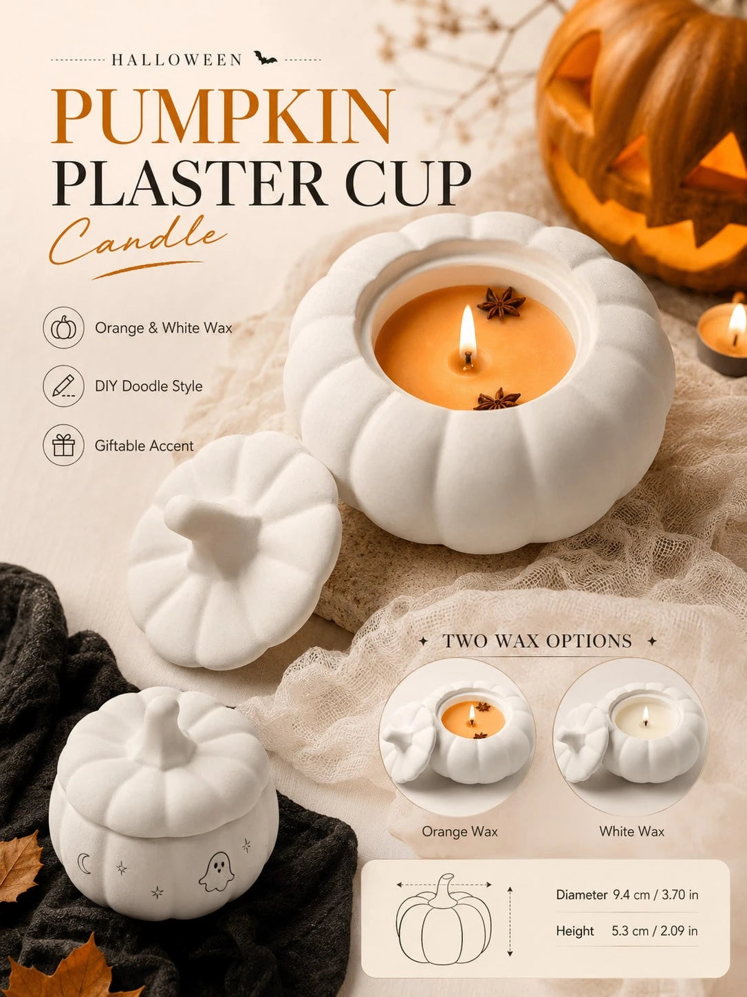 1pc DIY Painting Pumpkin Plaster Cup Scented Candle, Orange Or White Optional, Halloween Decoration Candle, Halloween Party Table Centerpiece, Autumn Home Decor, Party Favor, Halloween Gift, Women's G