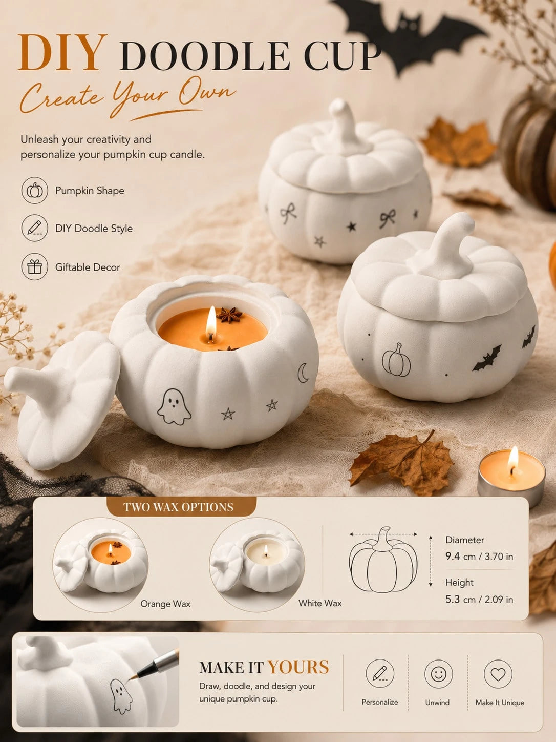 1pc DIY Painting Pumpkin Plaster Cup Scented Candle, Orange Or White Optional, Halloween Decoration Candle, Halloween Party Table Centerpiece, Autumn Home Decor, Party Favor, Halloween Gift, Women's G