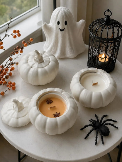1pc DIY Painting Pumpkin Plaster Cup Scented Candle, Orange Or White Optional, Halloween Decoration Candle, Halloween Party Table Centerpiece, Autumn Home Decor, Party Favor, Halloween Gift, Women's G