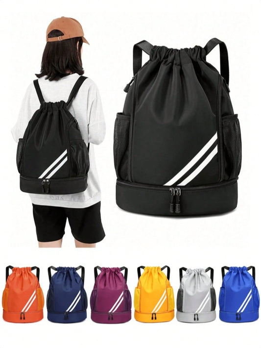 1pc Drawstring Sports Backpack, Fashion Fitness Bag, Inner Pocket, Waterproof Wear-Resistant Nylon Oxford Fabric, Bottom Shoe Compartment, Side Mesh Pocket, Wide Drawstring Design, Unisex