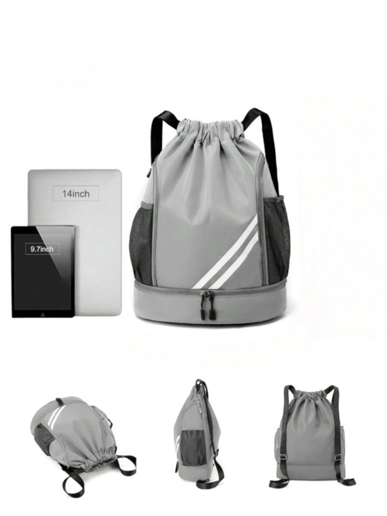 1pc Drawstring Sports Backpack, Fashion Fitness Bag, Inner Pocket, Waterproof Wear-Resistant Nylon Oxford Fabric, Bottom Shoe Compartment, Side Mesh Pocket, Wide Drawstring Design, Unisex