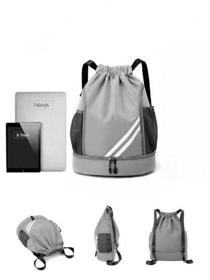 1pc Drawstring Sports Backpack, Fashion Fitness Bag, Inner Pocket, Waterproof Wear-Resistant Nylon Oxford Fabric, Bottom Shoe Compartment, Side Mesh Pocket, Wide Drawstring Design, Unisex