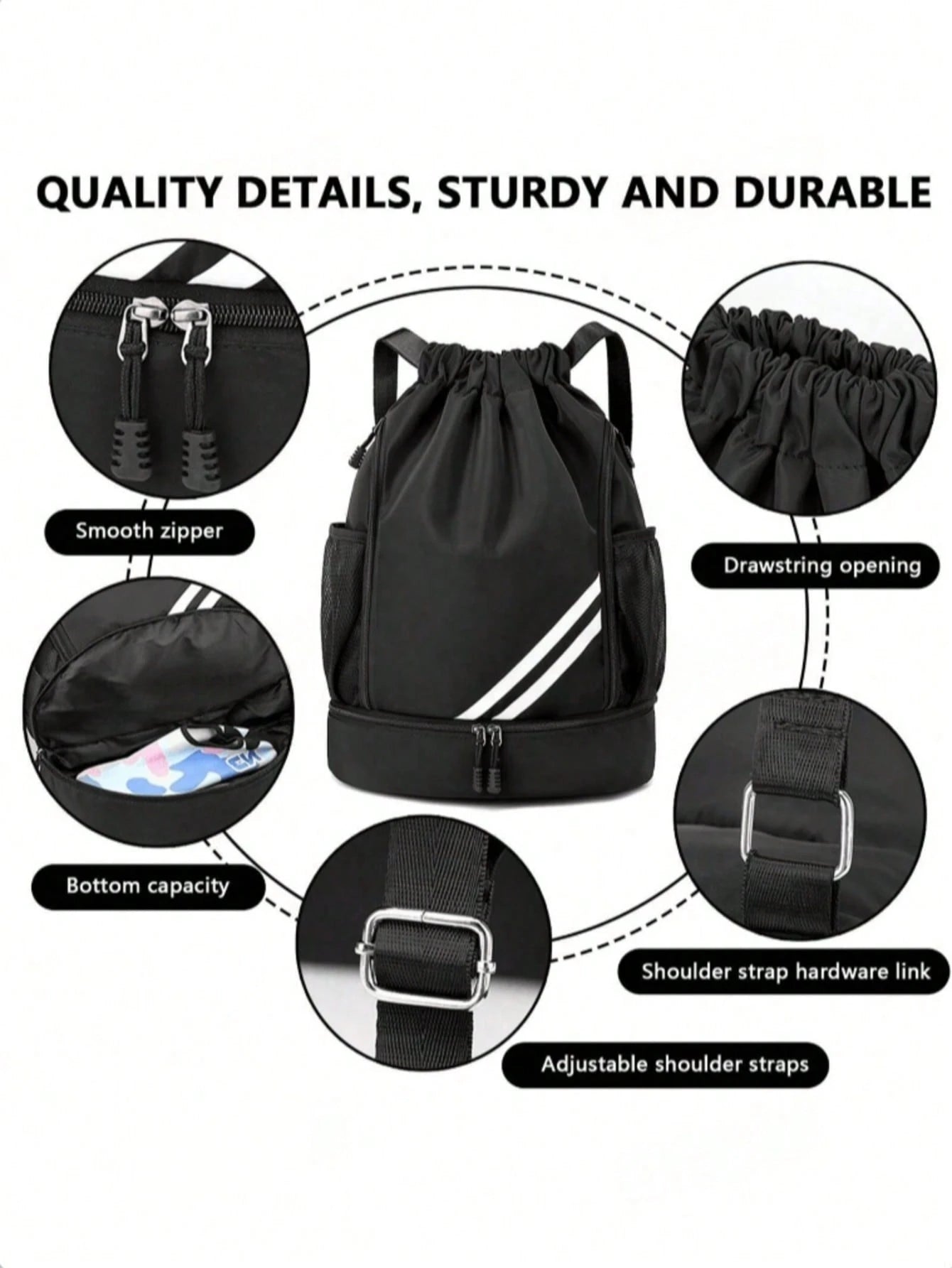 1pc Drawstring Sports Backpack, Fashion Fitness Bag, Inner Pocket, Waterproof Wear-Resistant Nylon Oxford Fabric, Bottom Shoe Compartment, Side Mesh Pocket, Wide Drawstring Design, Unisex