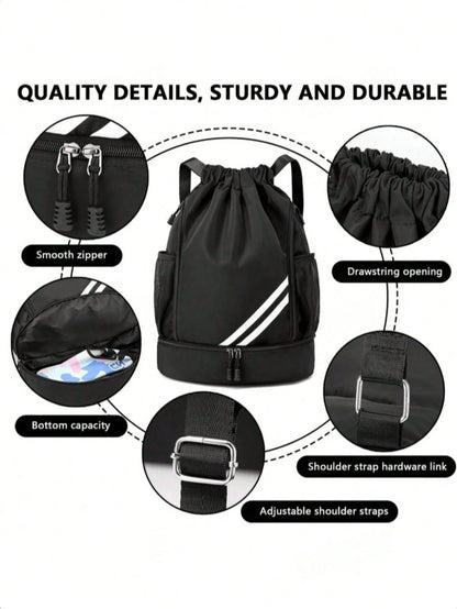1pc Drawstring Sports Backpack, Fashion Fitness Bag, Inner Pocket, Waterproof Wear-Resistant Nylon Oxford Fabric, Bottom Shoe Compartment, Side Mesh Pocket, Wide Drawstring Design, Unisex