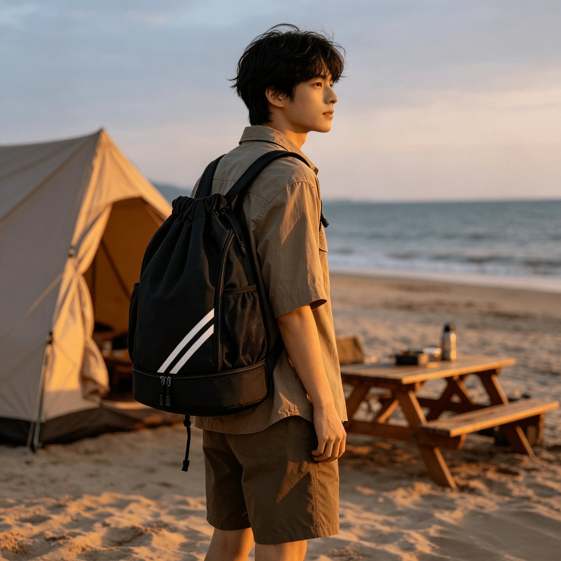 1pc Drawstring Sports Backpack, Fashion Fitness Bag, Inner Pocket, Waterproof Wear-Resistant Nylon Oxford Fabric, Bottom Shoe Compartment, Side Mesh Pocket, Wide Drawstring Design, Unisex
