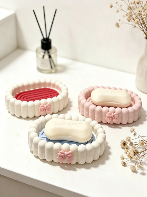 1pc Exquisite Bow Bubble Shaped Portable Soap Box With Drainage Function, Bathroom Soap Holder, Bathroom Accessory, Home Decor, Autumn Decor, Back To School Decor, Perfect Housewarming Holiday Gift