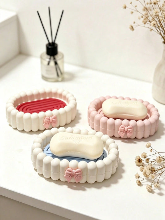 1pc Exquisite Bow Bubble Shaped Portable Soap Box With Drainage Function, Bathroom Soap Holder, Bathroom Accessory, Home Decor, Autumn Decor, Back To School Decor, Perfect Housewarming Holiday Gift
