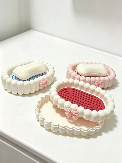 1pc Exquisite Bow Bubble Shaped Portable Soap Box With Drainage Function, Bathroom Soap Holder, Bathroom Accessory, Home Decor, Autumn Decor, Back To School Decor, Perfect Housewarming Holiday Gift