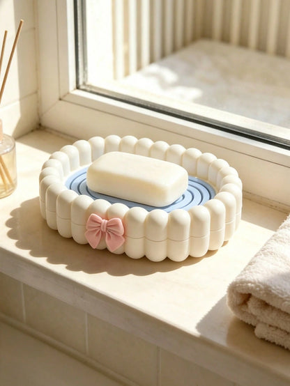 1pc Exquisite Bow Bubble Shaped Portable Soap Box With Drainage Function, Bathroom Soap Holder, Bathroom Accessory, Home Decor, Autumn Decor, Back To School Decor, Perfect Housewarming Holiday Gift