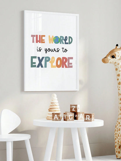 1pc Framed Canvas Wall Art Decor For Baby Nursery, Bohemian Style: The World Awaits Your Exploration, Kids Room Wall Decor, Game Room Poster, Classroom Sign, Adventure Theme Poster, Inspirational Post