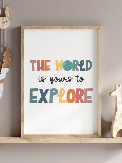 1pc Framed Canvas Wall Art Decor For Baby Nursery, Bohemian Style: The World Awaits Your Exploration, Kids Room Wall Decor, Game Room Poster, Classroom Sign, Adventure Theme Poster, Inspirational Post