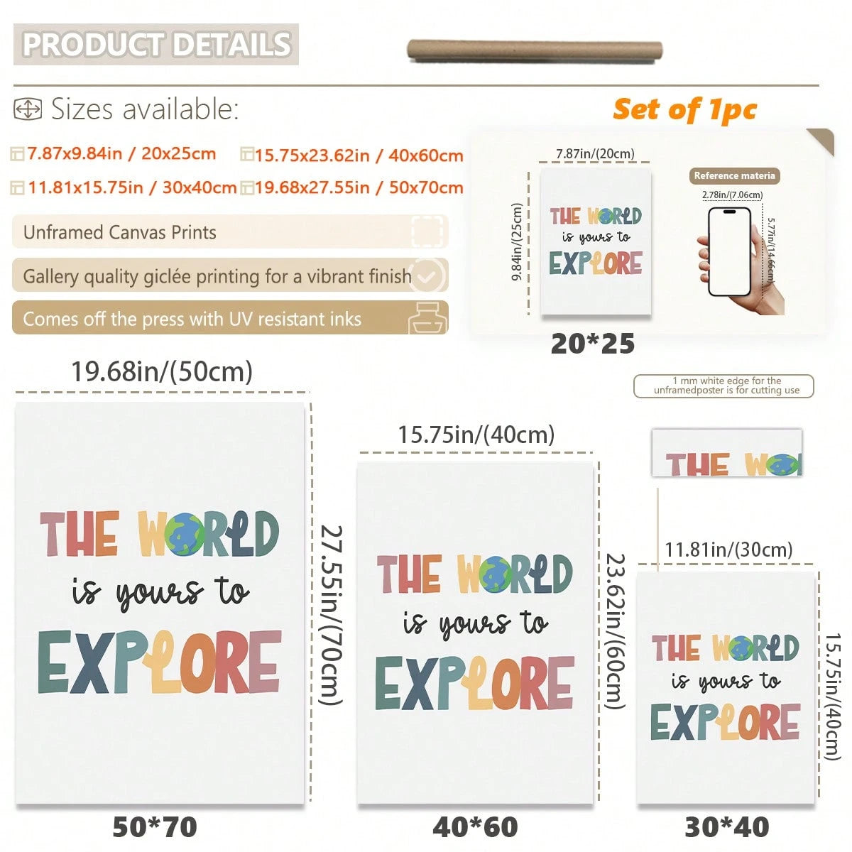 1pc Framed Canvas Wall Art Decor For Baby Nursery, Bohemian Style: The World Awaits Your Exploration, Kids Room Wall Decor, Game Room Poster, Classroom Sign, Adventure Theme Poster, Inspirational Post