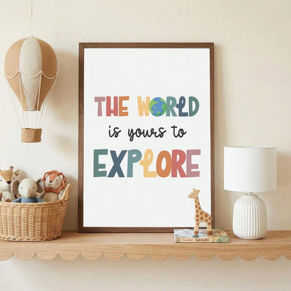 1pc Framed Canvas Wall Art Decor For Baby Nursery, Bohemian Style: The World Awaits Your Exploration, Kids Room Wall Decor, Game Room Poster, Classroom Sign, Adventure Theme Poster, Inspirational Post