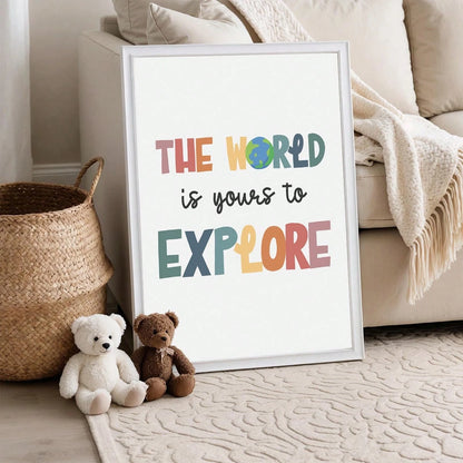 1pc Framed Canvas Wall Art Decor For Baby Nursery, Bohemian Style: The World Awaits Your Exploration, Kids Room Wall Decor, Game Room Poster, Classroom Sign, Adventure Theme Poster, Inspirational Post