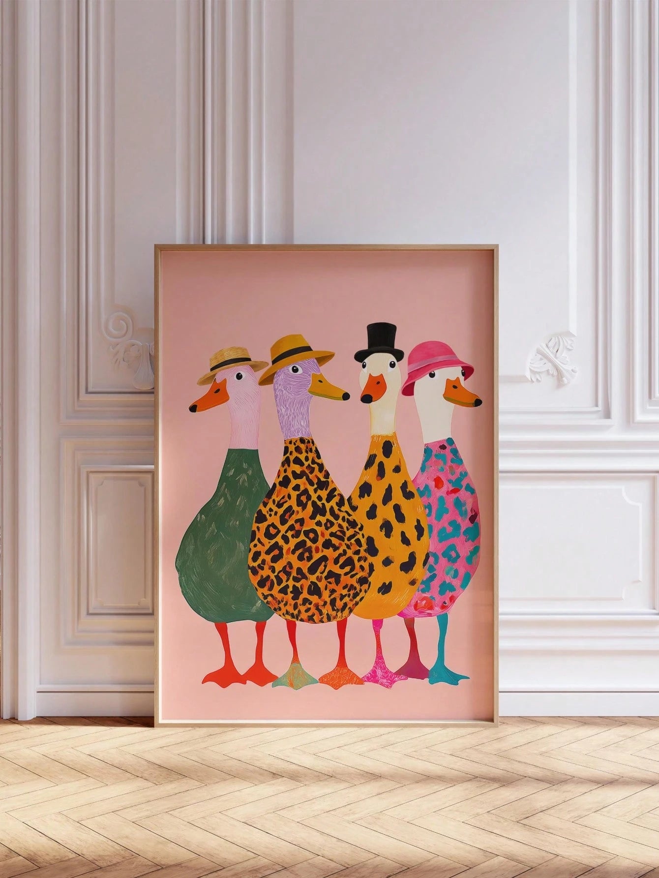 1pc Framed Canvas Wall Art For Baby Nursery, Framed Toddler Room Decor, Cute Fashionable Duck Decoration. Four Little Ducks Wearing Hats Paired With Bold Animal Prints, Creating A Lively And Interesti