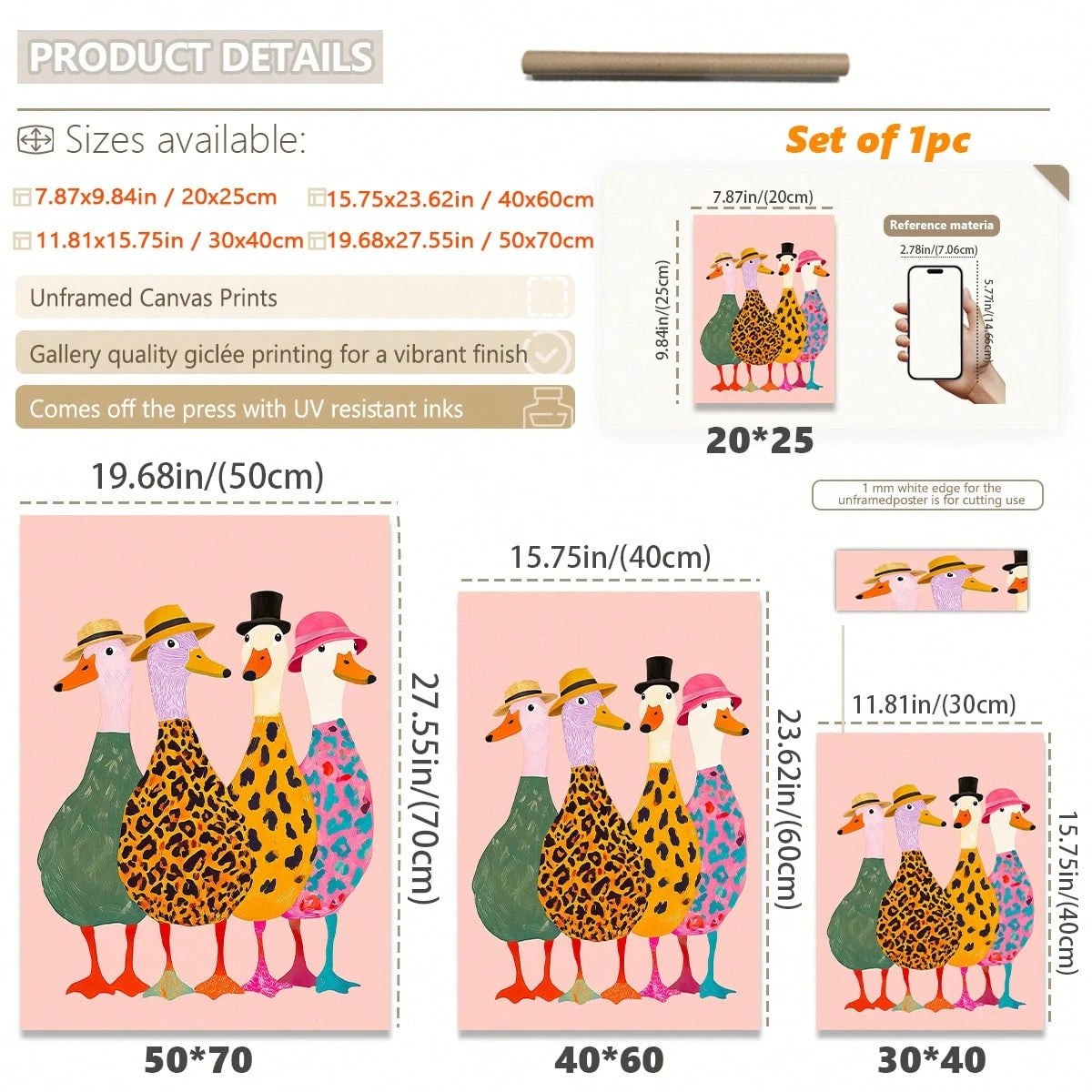 1pc Framed Canvas Wall Art For Baby Nursery, Framed Toddler Room Decor, Cute Fashionable Duck Decoration. Four Little Ducks Wearing Hats Paired With Bold Animal Prints, Creating A Lively And Interesti