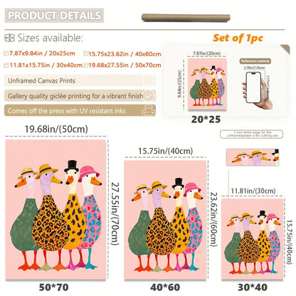 1pc Framed Canvas Wall Art For Baby Nursery, Framed Toddler Room Decor, Cute Fashionable Duck Decoration. Four Little Ducks Wearing Hats Paired With Bold Animal Prints, Creating A Lively And Interesti