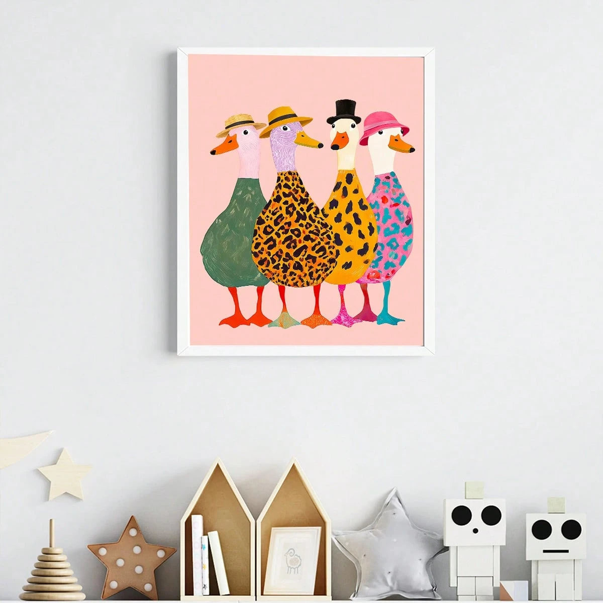 1pc Framed Canvas Wall Art For Baby Nursery, Framed Toddler Room Decor, Cute Fashionable Duck Decoration. Four Little Ducks Wearing Hats Paired With Bold Animal Prints, Creating A Lively And Interesti