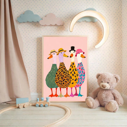 1pc Framed Canvas Wall Art For Baby Nursery, Framed Toddler Room Decor, Cute Fashionable Duck Decoration. Four Little Ducks Wearing Hats Paired With Bold Animal Prints, Creating A Lively And Interesti