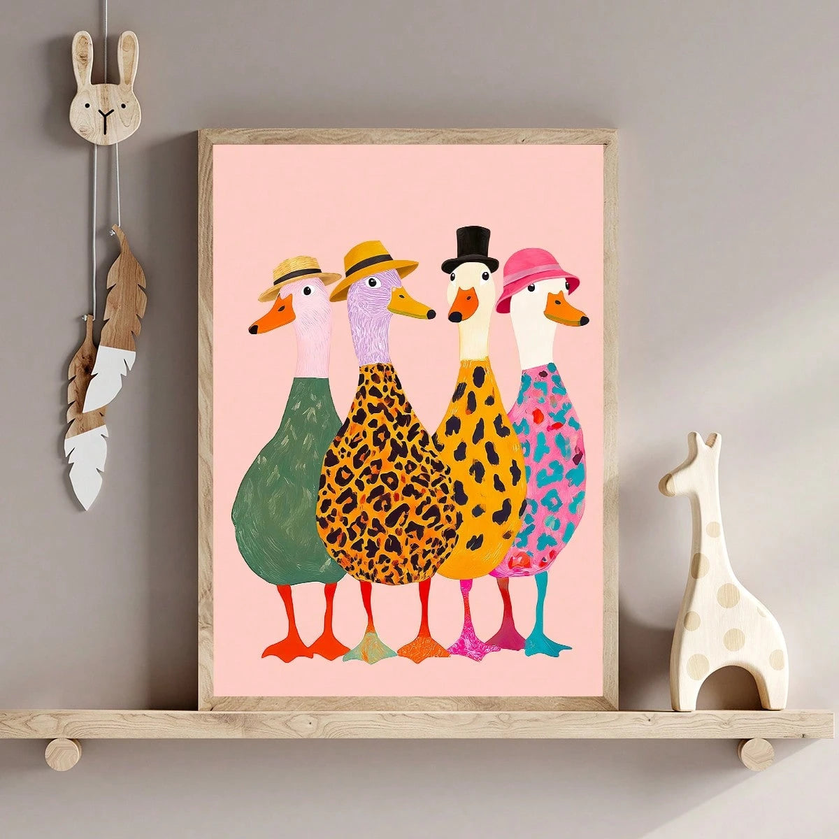 1pc Framed Canvas Wall Art For Baby Nursery, Framed Toddler Room Decor, Cute Fashionable Duck Decoration. Four Little Ducks Wearing Hats Paired With Bold Animal Prints, Creating A Lively And Interesti