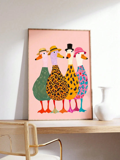 1pc Framed Canvas Wall Art For Baby Nursery, Framed Toddler Room Decor, Cute Fashionable Duck Decoration. Four Little Ducks Wearing Hats Paired With Bold Animal Prints, Creating A Lively And Interesti