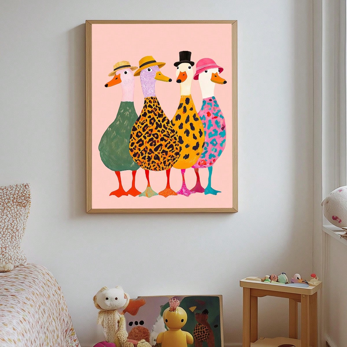 1pc Framed Canvas Wall Art For Baby Nursery, Framed Toddler Room Decor, Cute Fashionable Duck Decoration. Four Little Ducks Wearing Hats Paired With Bold Animal Prints, Creating A Lively And Interesti