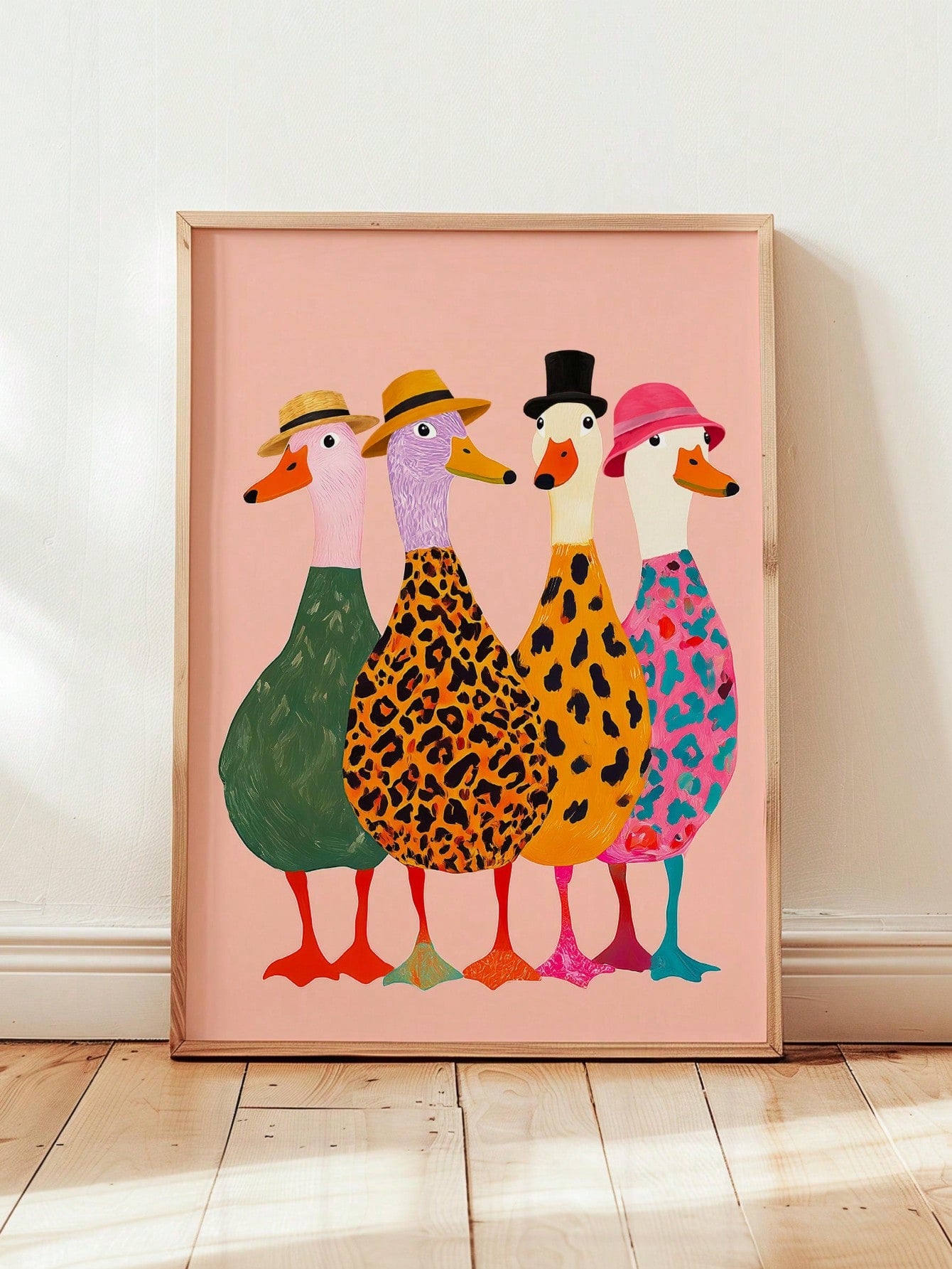 1pc Framed Canvas Wall Art For Baby Nursery, Framed Toddler Room Decor, Cute Fashionable Duck Decoration. Four Little Ducks Wearing Hats Paired With Bold Animal Prints, Creating A Lively And Interesti