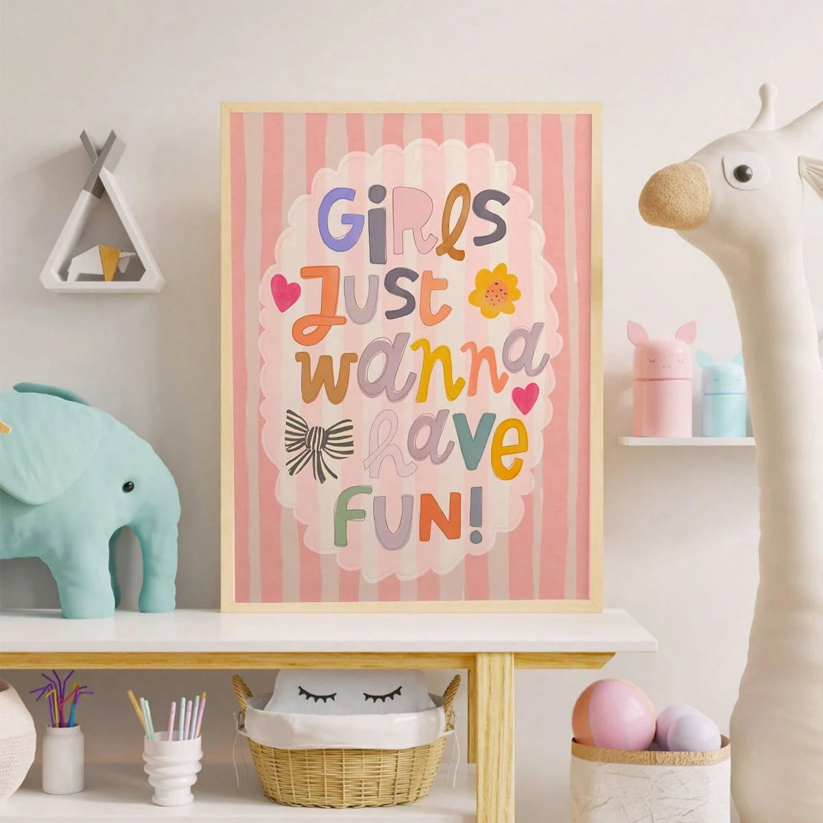 1pc Framed Canvas Wall Art, Nursery Decor Painting, "Girls Just Want To Have Fun", Children's Inspirational Art, Girls' Inspirational Art, Rainbow Painting, Quote Art, Wall Mural, Gallery Wall, Bohemi