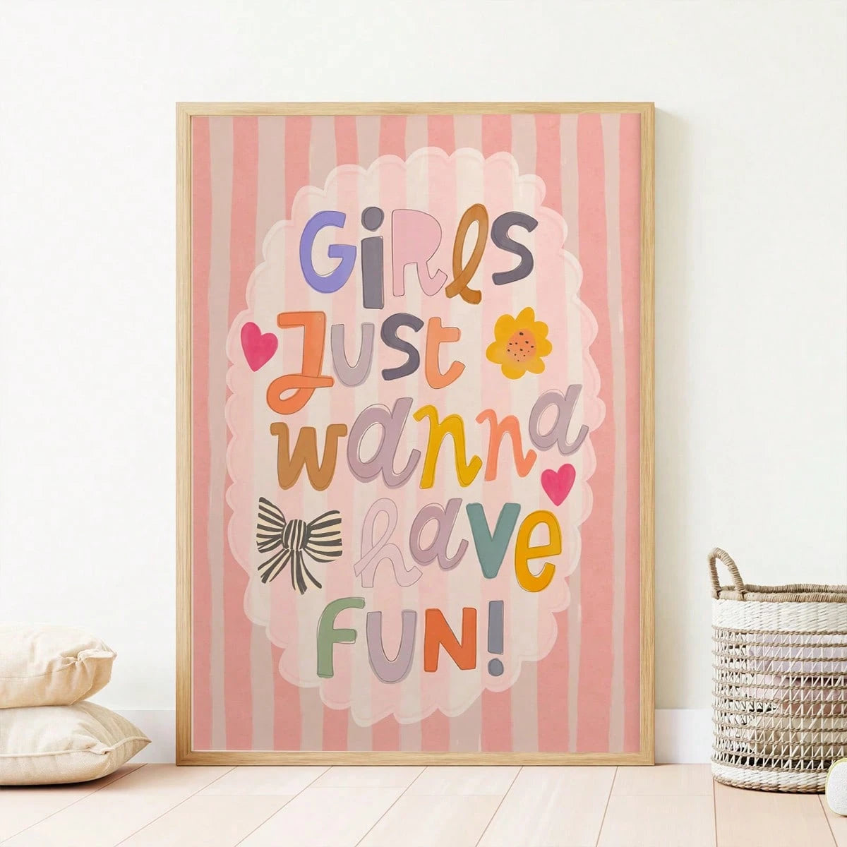 1pc Framed Canvas Wall Art, Nursery Decor Painting, "Girls Just Want To Have Fun", Children's Inspirational Art, Girls' Inspirational Art, Rainbow Painting, Quote Art, Wall Mural, Gallery Wall, Bohemi