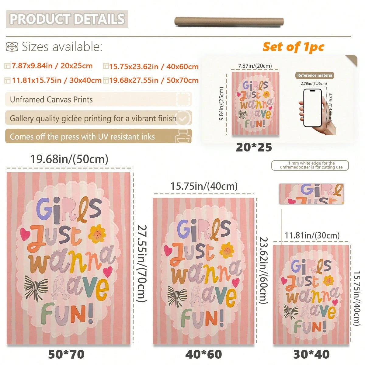 1pc Framed Canvas Wall Art, Nursery Decor Painting, "Girls Just Want To Have Fun", Children's Inspirational Art, Girls' Inspirational Art, Rainbow Painting, Quote Art, Wall Mural, Gallery Wall, Bohemi