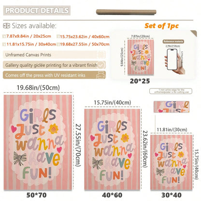 1pc Framed Canvas Wall Art, Nursery Decor Painting, "Girls Just Want To Have Fun", Children's Inspirational Art, Girls' Inspirational Art, Rainbow Painting, Quote Art, Wall Mural, Gallery Wall, Bohemi