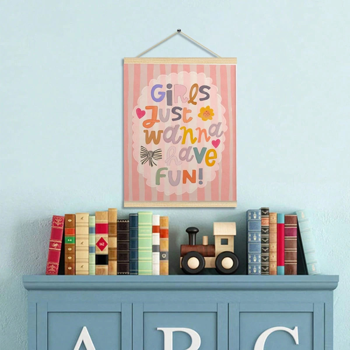 1pc Framed Canvas Wall Art, Nursery Decor Painting, "Girls Just Want To Have Fun", Children's Inspirational Art, Girls' Inspirational Art, Rainbow Painting, Quote Art, Wall Mural, Gallery Wall, Bohemi