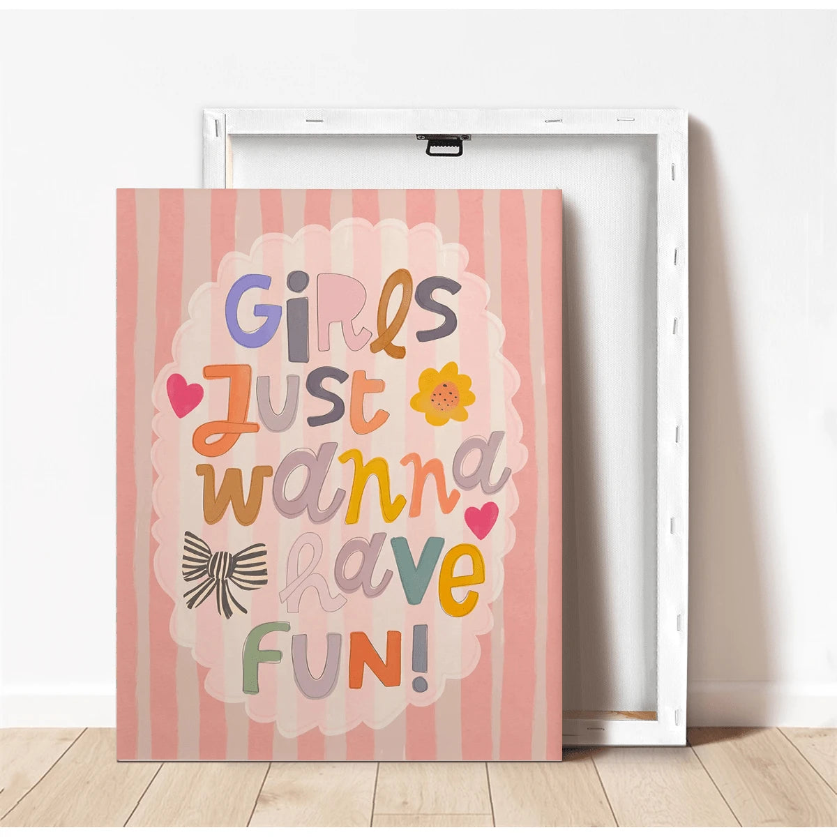1pc Framed Canvas Wall Art, Nursery Decor Painting, "Girls Just Want To Have Fun", Children's Inspirational Art, Girls' Inspirational Art, Rainbow Painting, Quote Art, Wall Mural, Gallery Wall, Bohemi