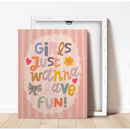 1pc Framed Canvas Wall Art, Nursery Decor Painting, "Girls Just Want To Have Fun", Children's Inspirational Art, Girls' Inspirational Art, Rainbow Painting, Quote Art, Wall Mural, Gallery Wall, Bohemi