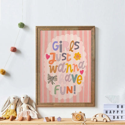 1pc Framed Canvas Wall Art, Nursery Decor Painting, "Girls Just Want To Have Fun", Children's Inspirational Art, Girls' Inspirational Art, Rainbow Painting, Quote Art, Wall Mural, Gallery Wall, Bohemi