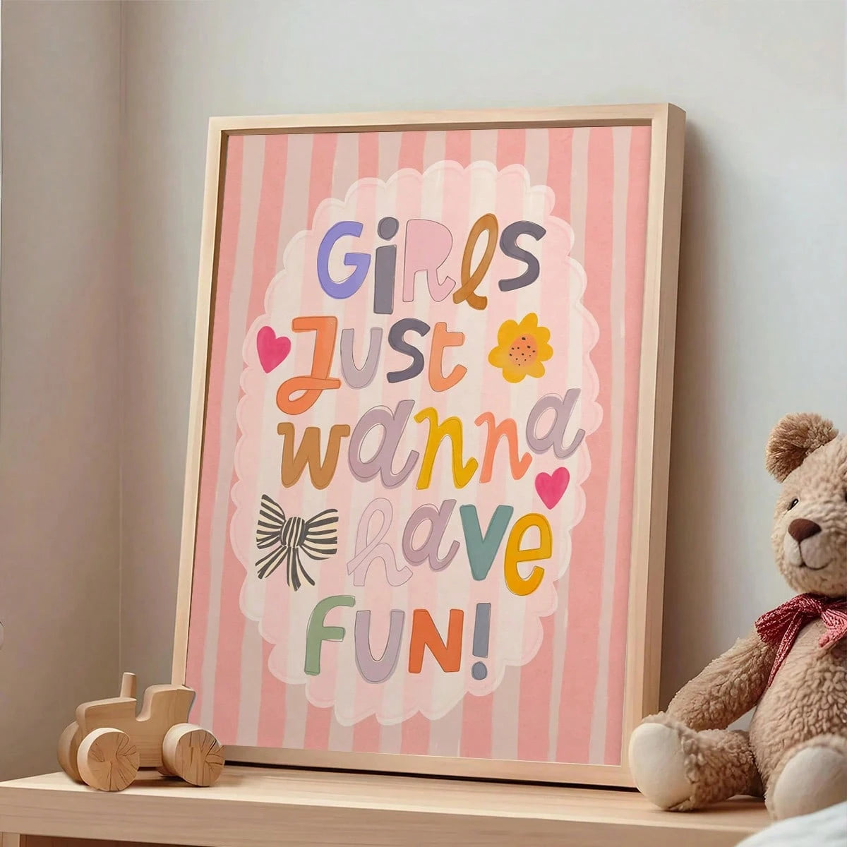 1pc Framed Canvas Wall Art, Nursery Decor Painting, "Girls Just Want To Have Fun", Children's Inspirational Art, Girls' Inspirational Art, Rainbow Painting, Quote Art, Wall Mural, Gallery Wall, Bohemi