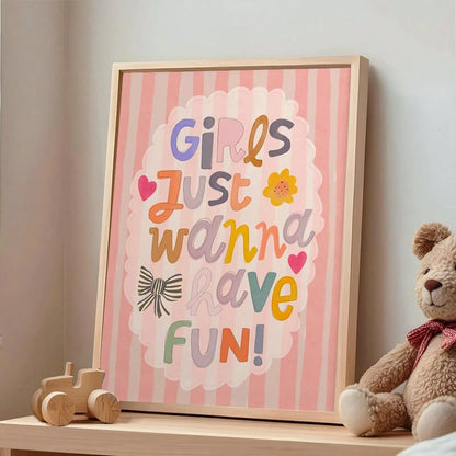 1pc Framed Canvas Wall Art, Nursery Decor Painting, "Girls Just Want To Have Fun", Children's Inspirational Art, Girls' Inspirational Art, Rainbow Painting, Quote Art, Wall Mural, Gallery Wall, Bohemi
