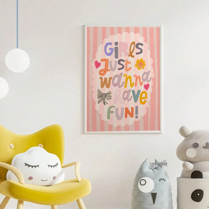 1pc Framed Canvas Wall Art, Nursery Decor Painting, "Girls Just Want To Have Fun", Children's Inspirational Art, Girls' Inspirational Art, Rainbow Painting, Quote Art, Wall Mural, Gallery Wall, Bohemi